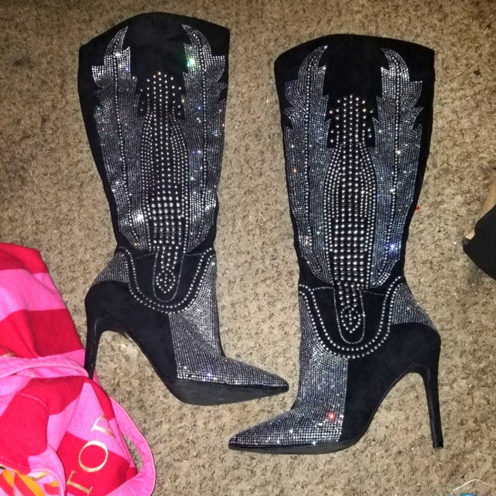 Rhinestone knee high boots